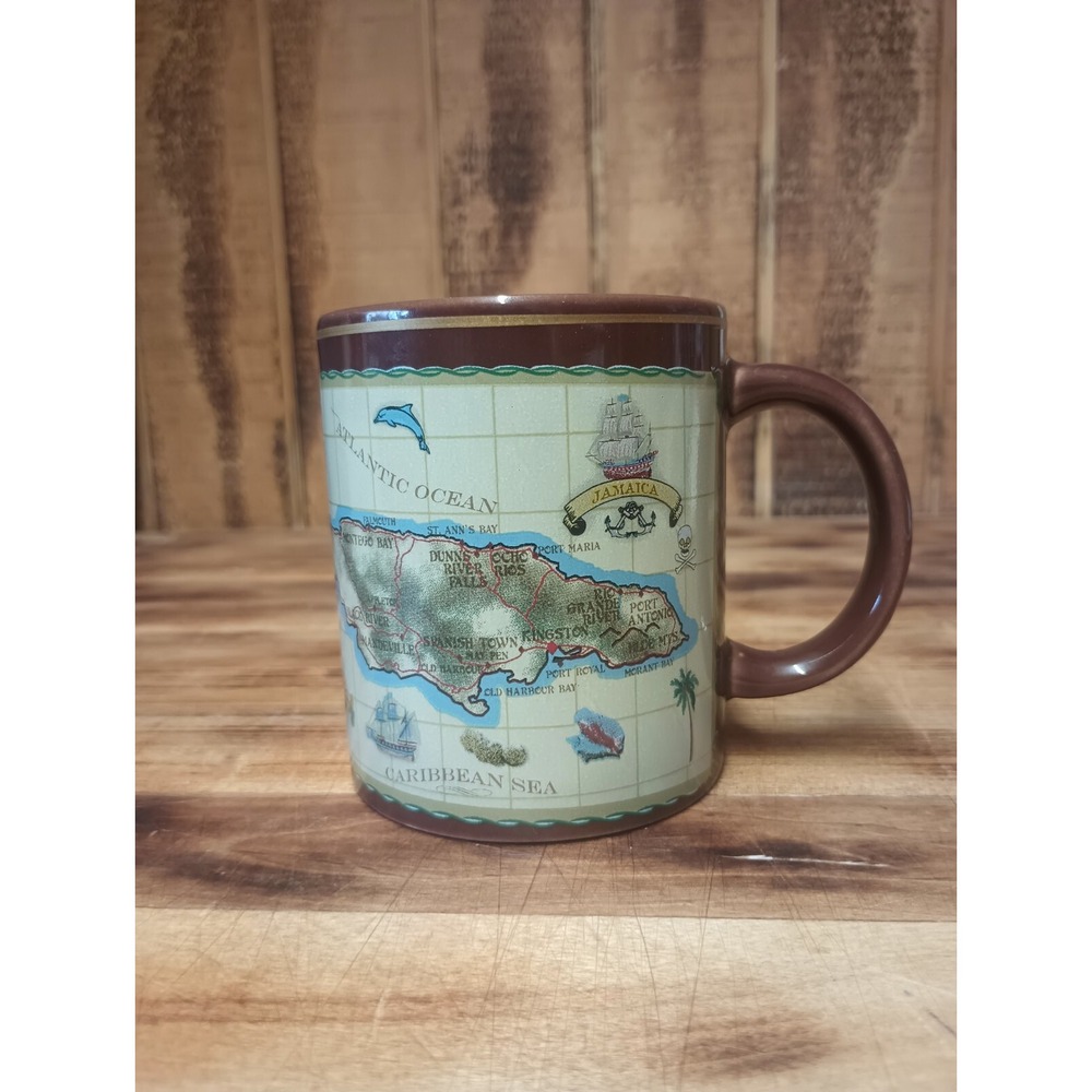 JAMAICA Map Coffee Mug Tea Cup 10oz. Souvenir Brown‎ Ceramic Island Dolphin
